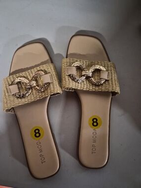 TOP Moda Beige Woven Slide Mules with Gold Chain Detail